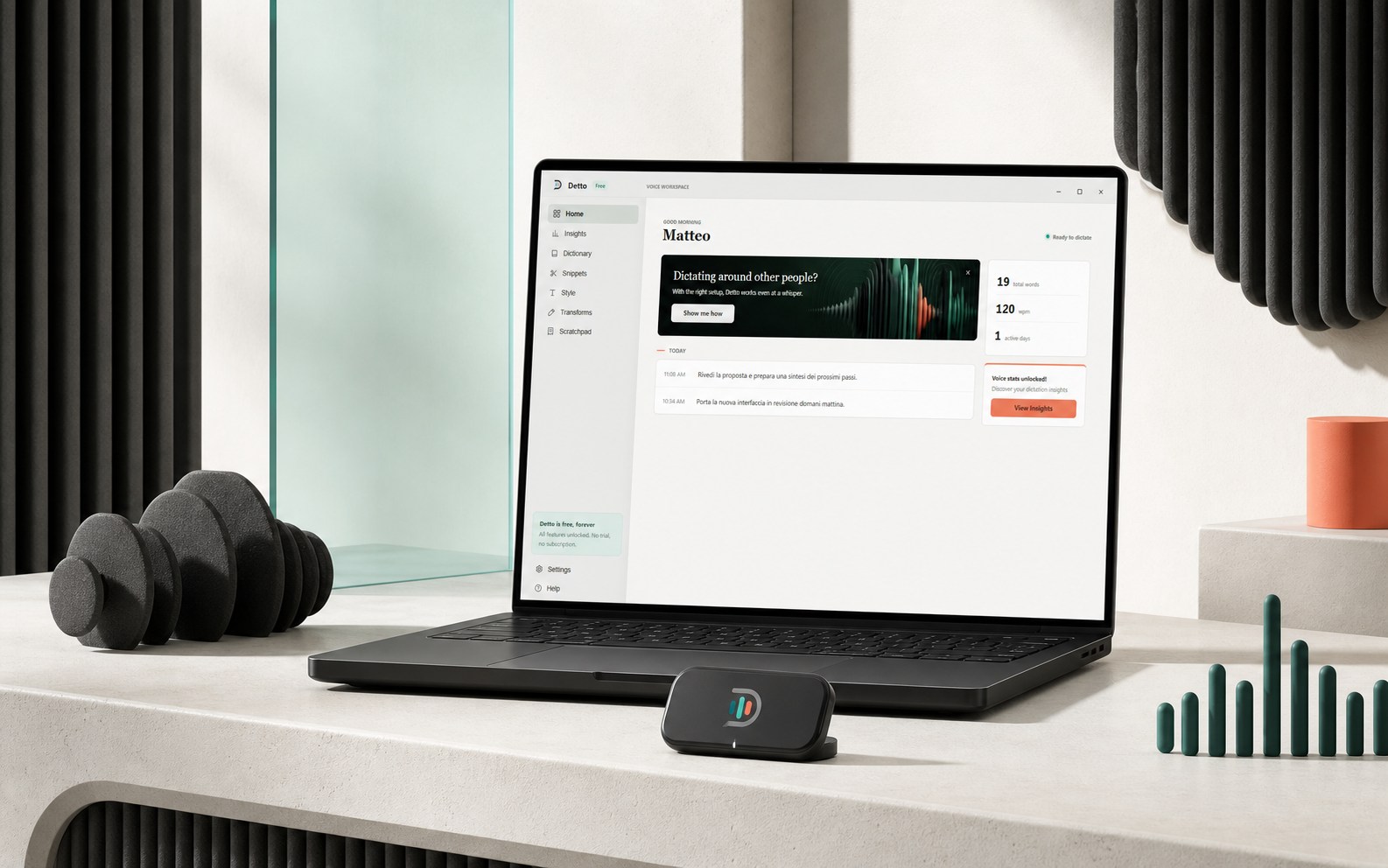 Detto dictation dashboard for Windows with live voice state and productivity tools